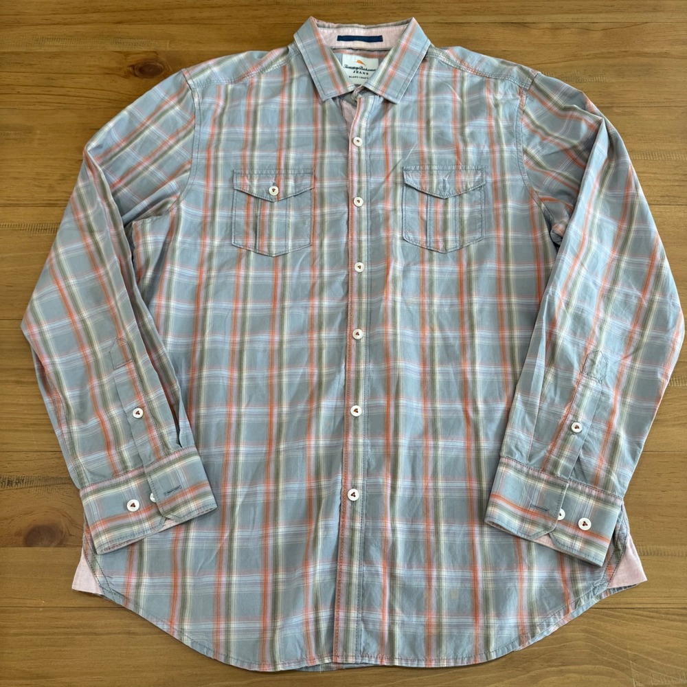 Tommy Bahama Jeans Mens Island Modern Fit Plaid Button Down Shirt Blue Orange M